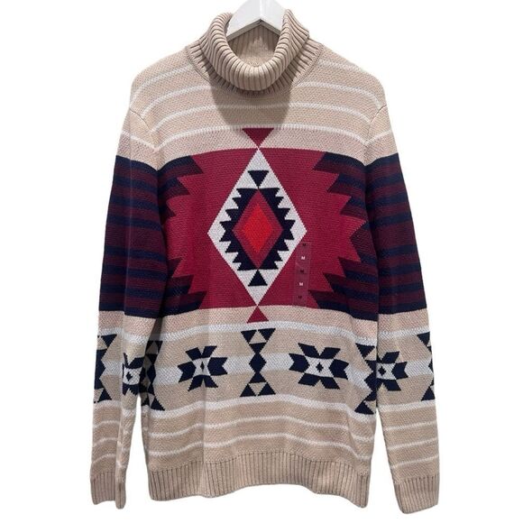 Unisex Aztec Tribal Fair Isle Turtleneck Beige Pullover Sweater - Picture 4 of 9